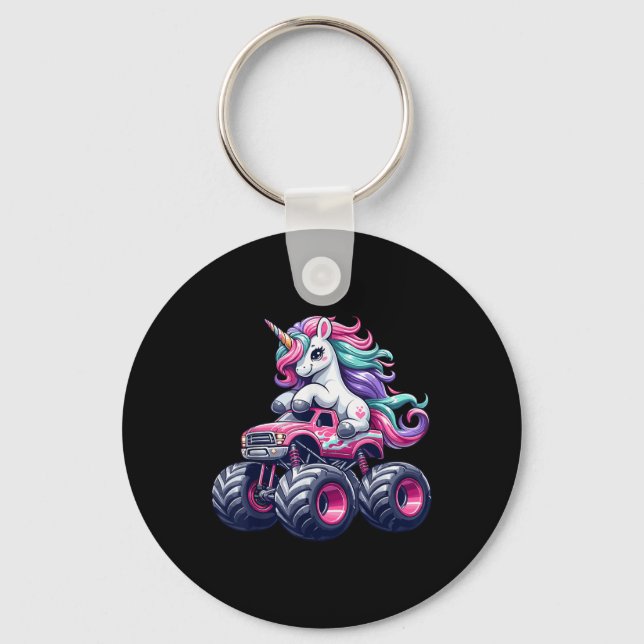 Funny Cute Unicorn Riding A Rosa Monster Lastbil G Nyckelring (Framsida)