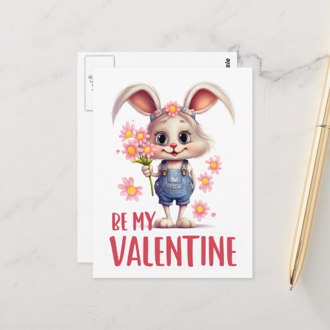 Funny Cute Valentine Rabbit Rosa Flowers Vykort (Fram/Back In Situ)