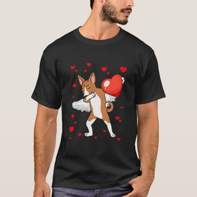 Funny Dabbing Basenji Hund Heart Valentindagen Gi T Shirt (Framsida)