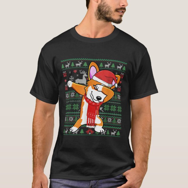 Funny Dabbing Corgi Ugly Julafton Sweater jul Co T Shirt (Framsida)
