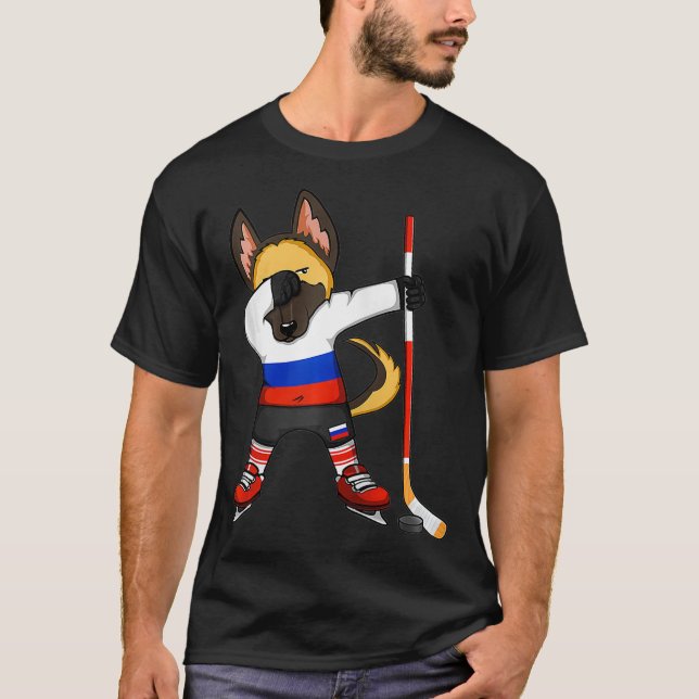 Funny Dabbing German Shepherd Russia Ice Hockey Fa T Shirt (Framsida)