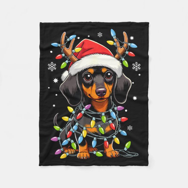 Funny Dachshund Christmas Lights Santa Hat Xmas  Fleecefilt (Framsidan)