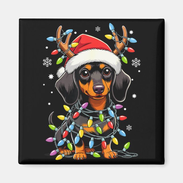 Funny Dachshund Christmas Lights Santa Hat Xmas  Magnet (Framsidan)