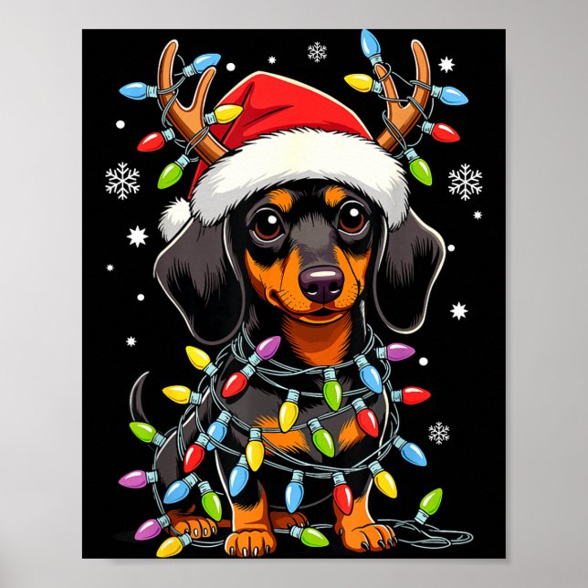 Funny Dachshund Christmas Lights Santa Hat Xmas  Poster (Framsidan)