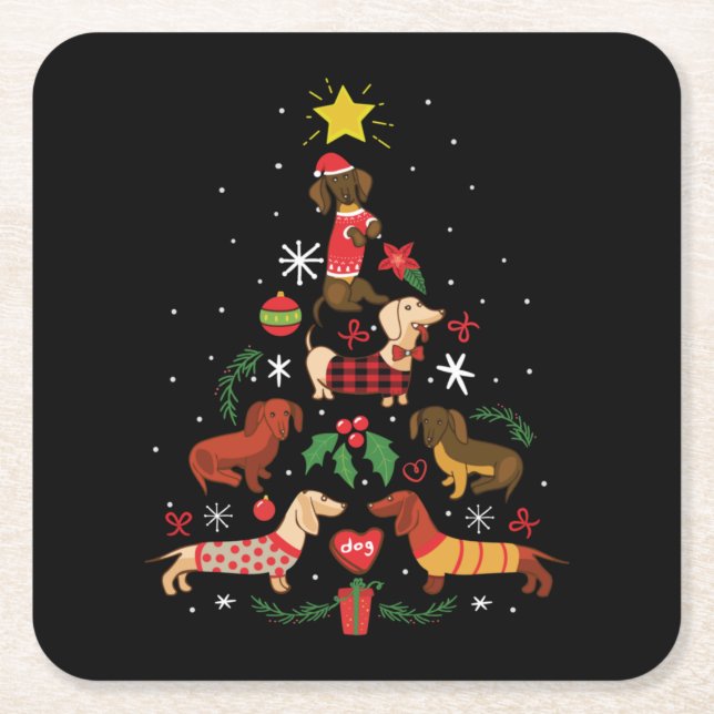 Funny Dachshund Christmas Tree Underlägg Papper Kvadrat (Framsidan)