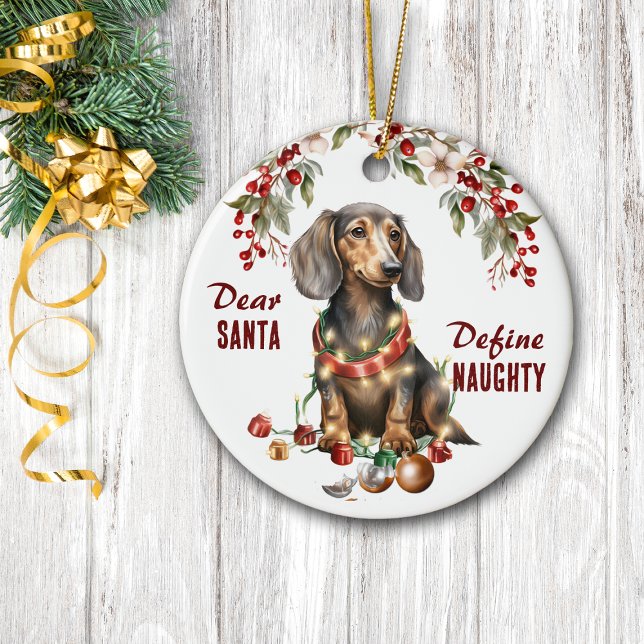 Funny Dachshund Define Naughty jul Julgransprydnad Keramik (Skapare uppladdad)