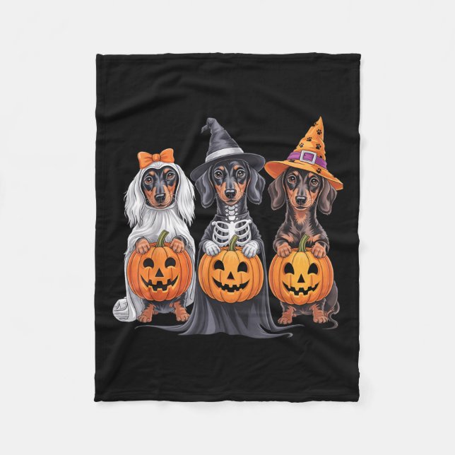 Funny Dachshund Halloween Pumpkin Weenie Hund Skel Fleecefilt (Framsidan)