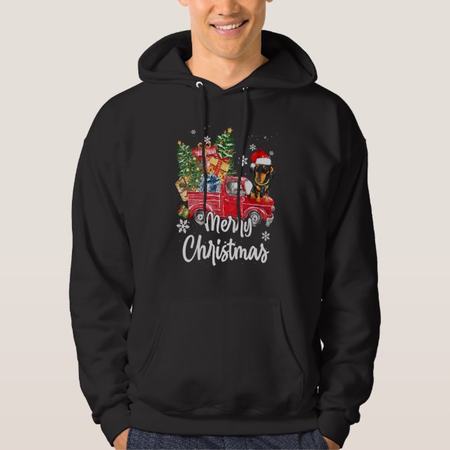 Funny Dachshund Ride Red Lastbil God jul Paj Hoodie (Framsida)