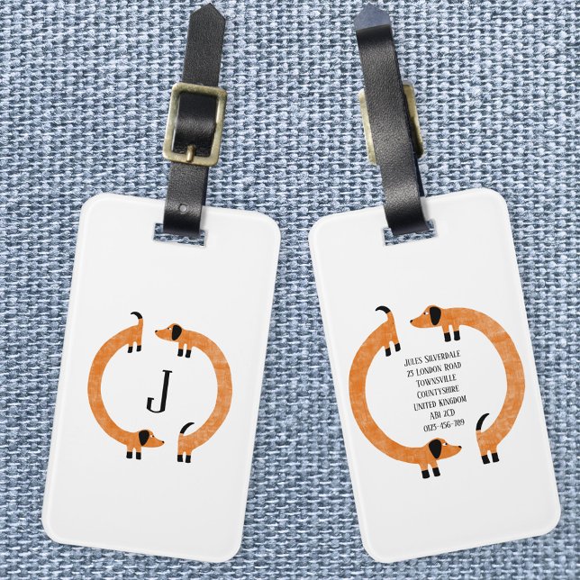Funny Dachshund Sause Hund Monogram Bagagebricka (Fun Dachshund Wiener Sausage Dog monogram initial personalized luggage tag)