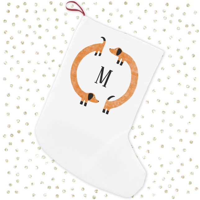 Funny Dachshund Sause Hund Monogram Liten Julstrumpa (Fun Dachshund Wiener Sausage Dog monogram initial personalized Christmas stocking)