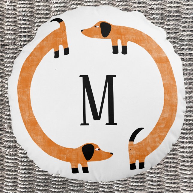 Funny Dachshund Sause Hund Monogram Rund Kudde (Fun Dachshund Wiener Sausage Dog personalized monogram initial round pillow for dog lovers)