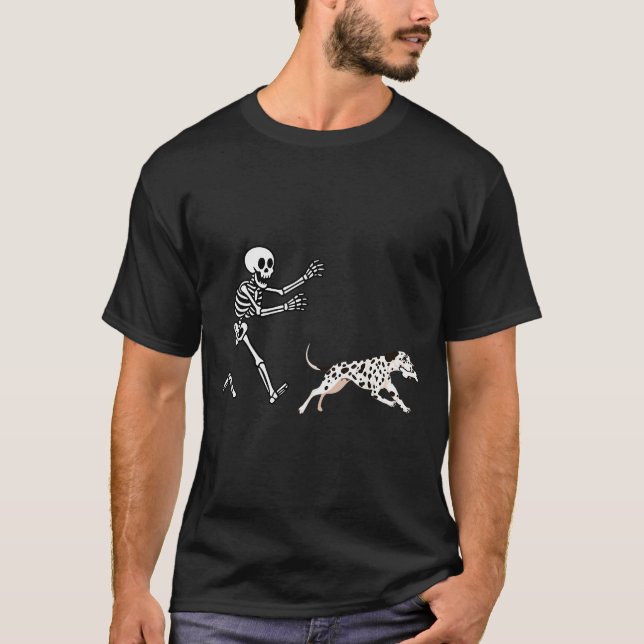 Funny Dalmatian Running Skeleton Halloween  T Shirt (Framsida)