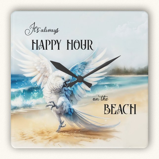Funny Dancing Parrot Beach Fyrkantig Klocka (Wall clock featuring a painting of a funny dancing cockatoo parrot on the beach)