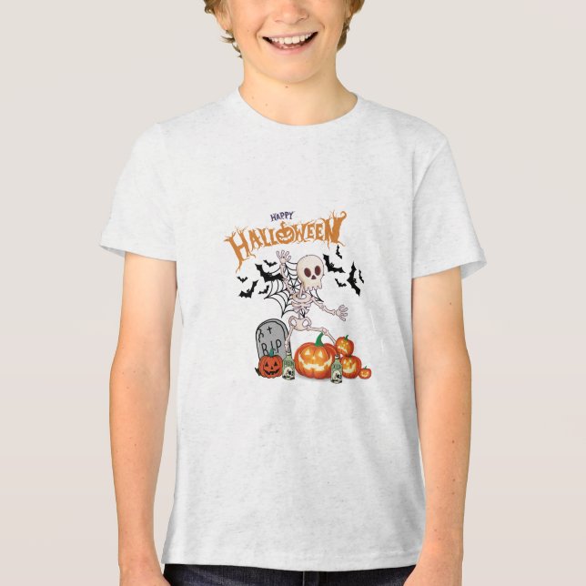 Funny Dancing Skeleton & Pumpkins Happy halloween T Shirt (Framsida)