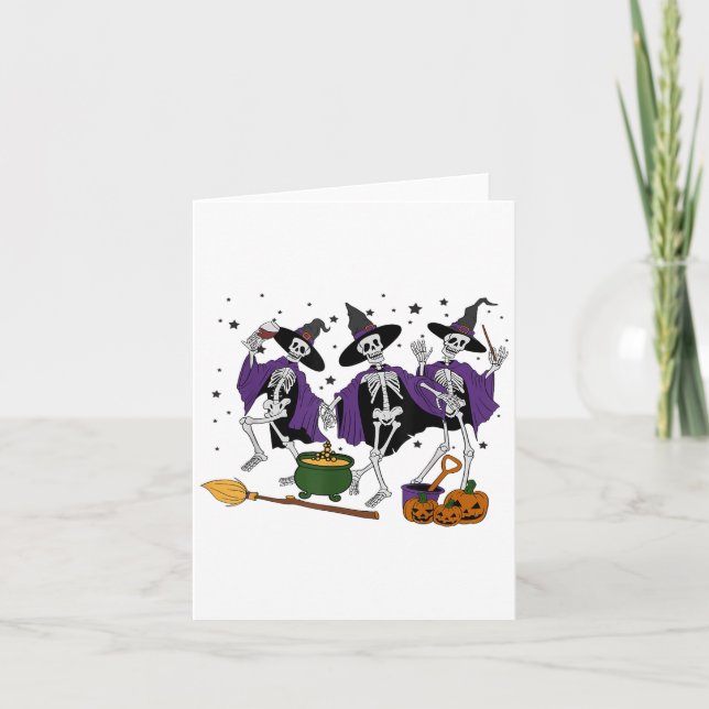 Funny Dancing Skeleton Witch Halloween Vin Witch Kort (Framsida)