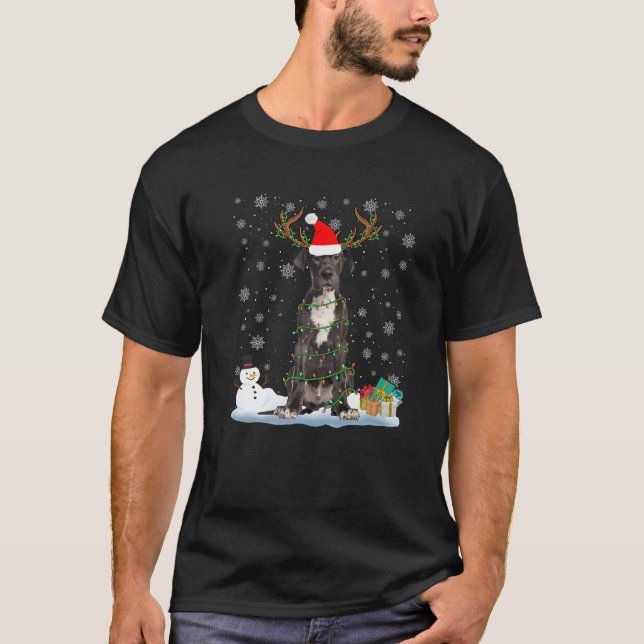 Funny Dane Hund Ugly Sweater jul Ljus Premi T Shirt (Framsida)