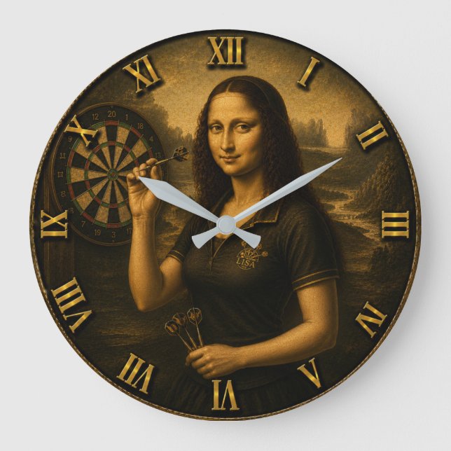 Funny Darts Mona Lisa  Bullseye Game Room Gift Stor Klocka (Framsida)