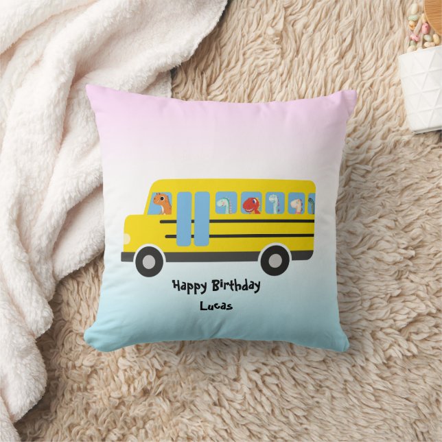 Funny DINO dinosaur School Buss boy Birthday Kudde (Filt)