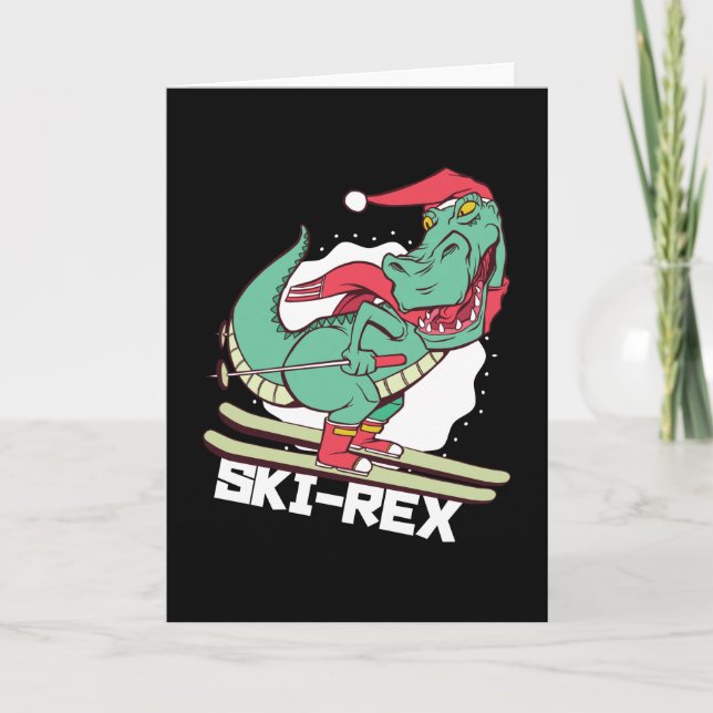 Funny Dino Ski Rex Skiing julgåva Kort (Framsida)