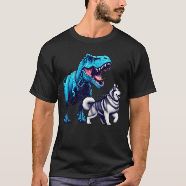 Funny Dinosaur Alaska Malamute Walking Hund älskar T Shirt (Framsida)
