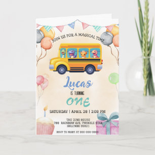Funny dinosaur Back to school Buss-pojke Birthday Inbjudan