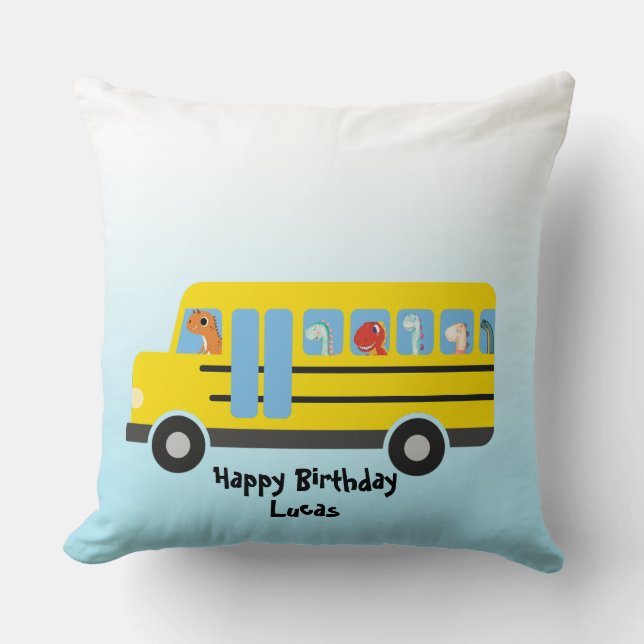 Funny dinosaur Back to school Buss-pojke Birthday Kudde (Framsida)