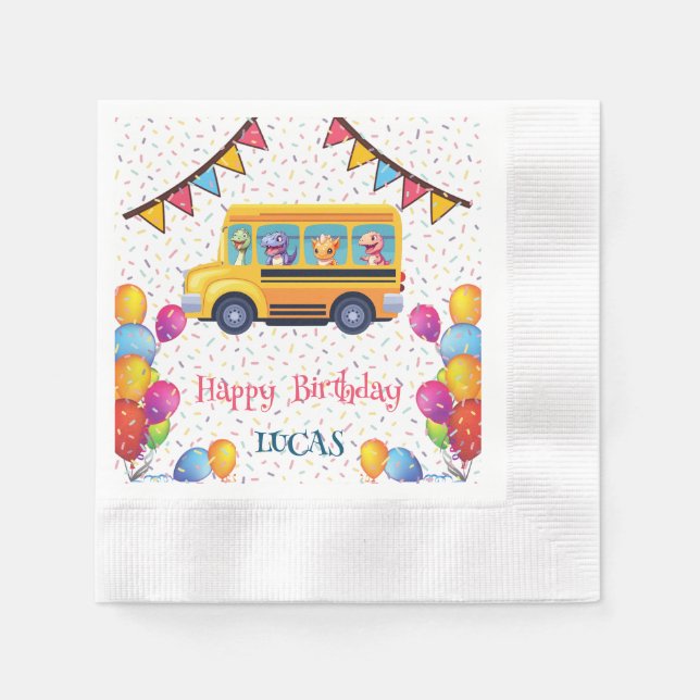 Funny dinosaur Back to school Buss-pojke Birthday Pappersservett (Framsidan)