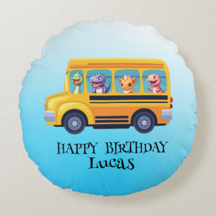 Funny dinosaur Back to school Buss-pojke Birthday Rund Kudde