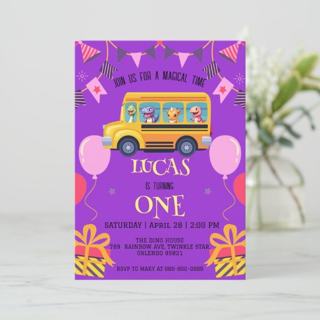 Funny dinosaur Back to school Buss-pojke Birthday Spara Datumet (Stående Fram)