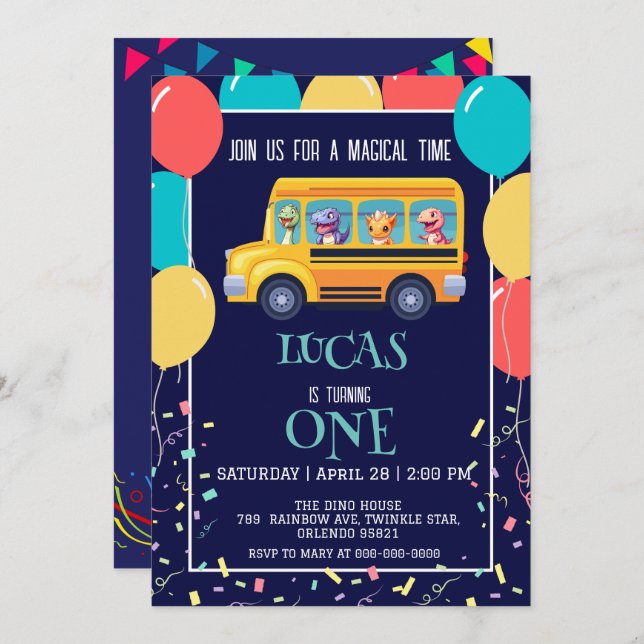 Funny dinosaur Back to school Buss-pojke Birthday Spara Datumet (Fram/baksida)