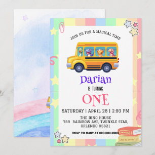 Funny dinosaur Back to school Buss Rainbow Birthda Spara Datumet