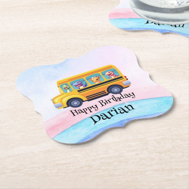 Funny dinosaur Back to school Buss Rainbow Birthda Underlägg Papper (Vinklad)