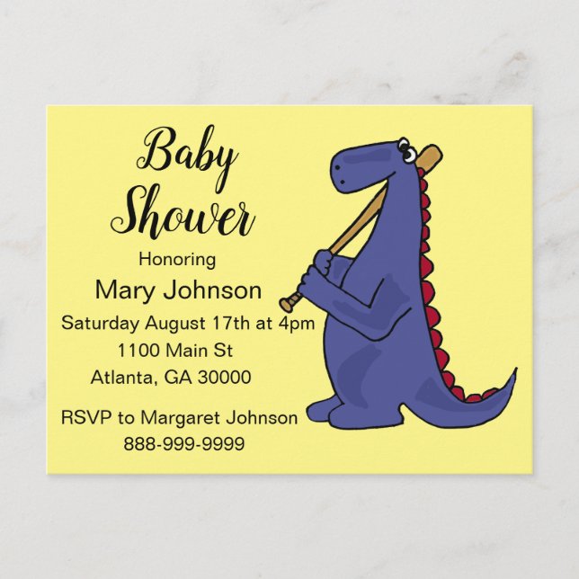 Funny Dinosaur Baseball Player Baby Shower Inbjudan Vykort (Framsida)