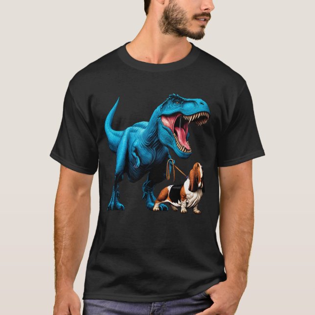 Funny Dinosaur Basset Hound Walking Hund älskare T Shirt (Framsida)