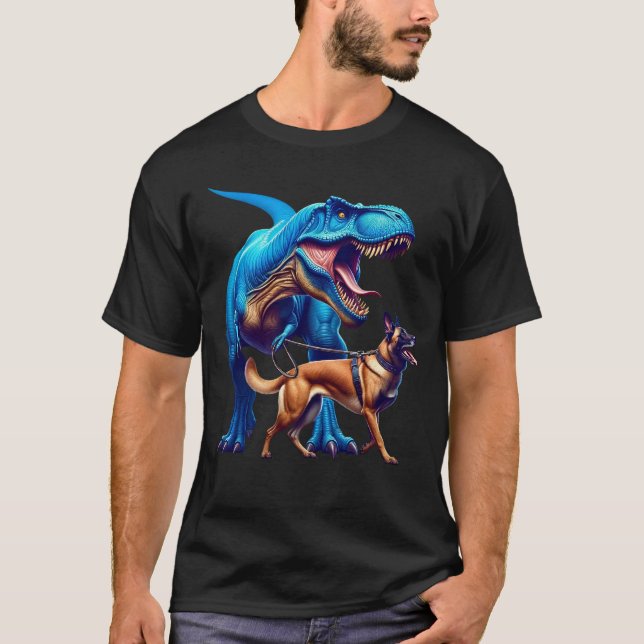 Funny Dinosaur Belgium Malinois Walking Hund älska T Shirt (Framsida)
