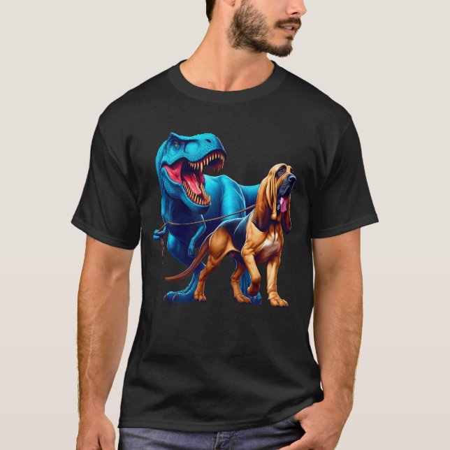 Funny Dinosaur Bloodhound Walking Hund älskare T Shirt (Framsida)