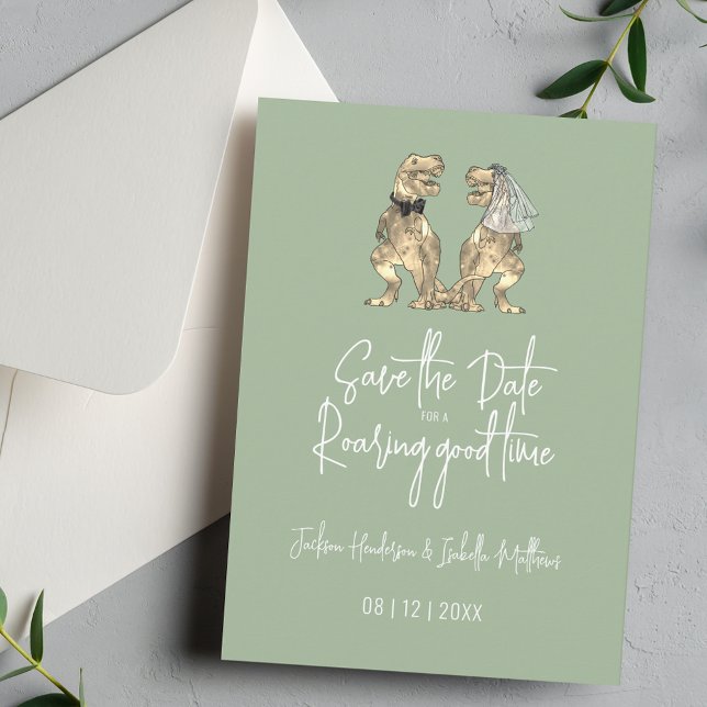 Funny Dinosaur Bröllop Sage Grönt Spara Datumet (Funny Dinosaur wedding save the date for a roaring good time quote sage green invitation )