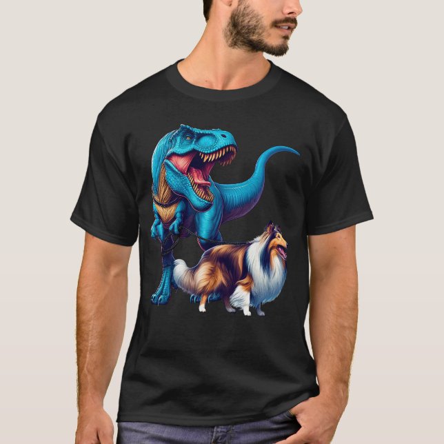 Funny Dinosaur Collie Walking Hund älskare T Shirt (Framsida)