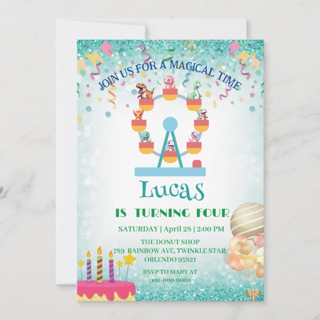 Funny dinosaur Ferris-Födelsedagsfest DIY Nam Inbjudningar (Framsida)