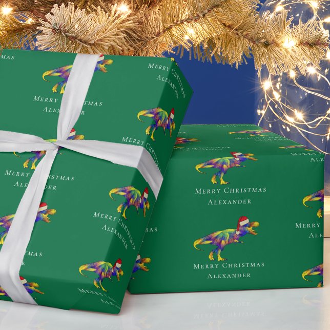 Funny Dinosaur God jul Personlig Presentpapper (Funny christmas T-Rex colorful dinosaur personalized boy name green holiday gift wrapping paper)