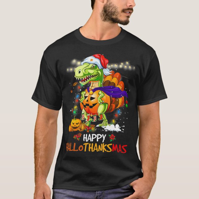 Funny Dinosaur Lycklig Hallothanksmas Thanksgiving T Shirt (Framsida)