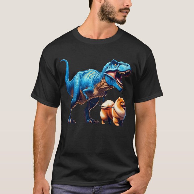 Funny Dinosaur Pommanian Walking Hund älskare T Shirt (Framsida)