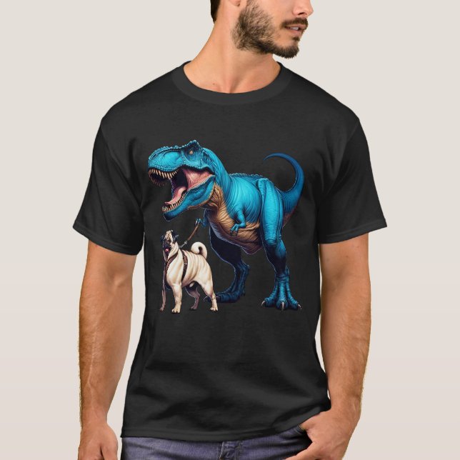 Funny Dinosaur Pug Walking Hund älskare T Shirt (Framsida)