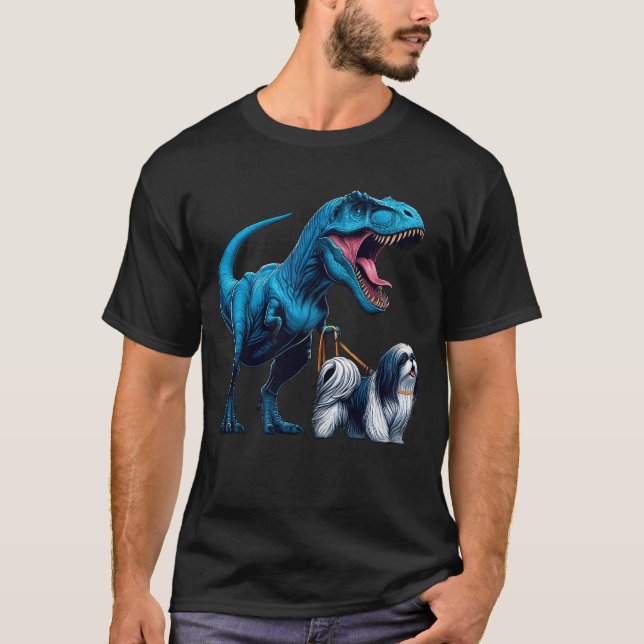 Funny Dinosaur Shih Tzu Walking Hund älskare T Shirt (Framsida)