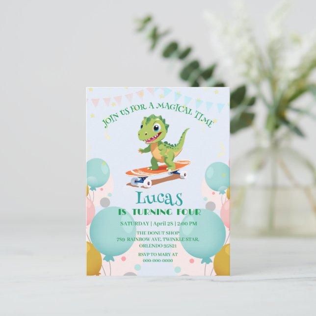 Funny dinosaur Skateboard Födelsedagsfest boys Inbjudan Vykort (Stående Fram)
