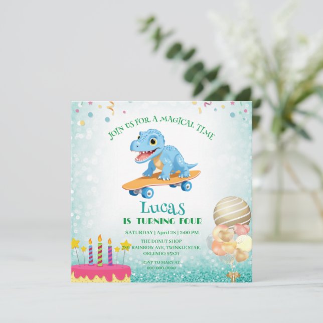 Funny dinosaur Skateboard Födelsedagsfest boys Inbjudningar (Stående Fram)