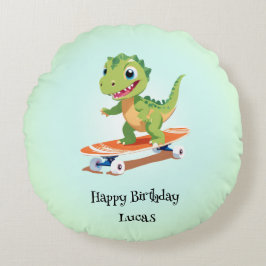 Funny dinosaur Skateboard Födelsedagsfest boys Rund Kudde