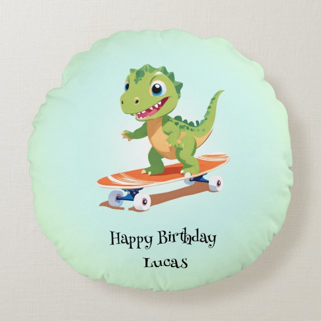 Funny dinosaur Skateboard Födelsedagsfest boys Rund Kudde (Framsidan)