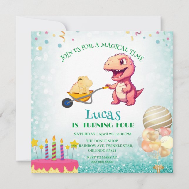 Funny dinosaur straw Födelsedagsfest DIY Namn Inbjudningar (Framsida)