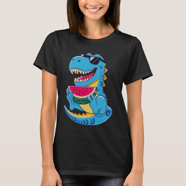 Funny Dinosaur T Rex Eating Watermelon Summer Vaca Shirt (Framsida)